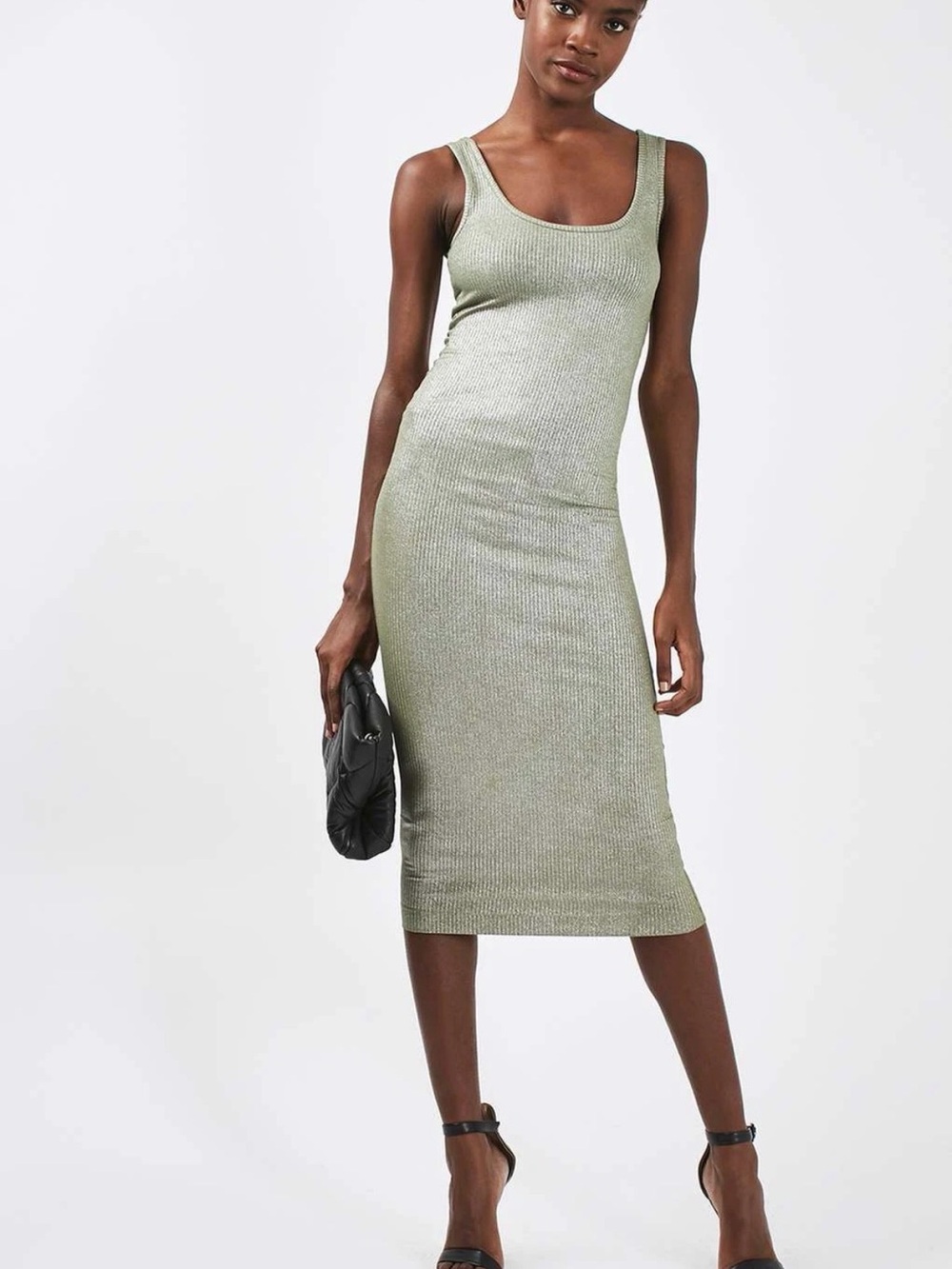 Topshop Khaki Vest Foil Ribbed Midi Dress